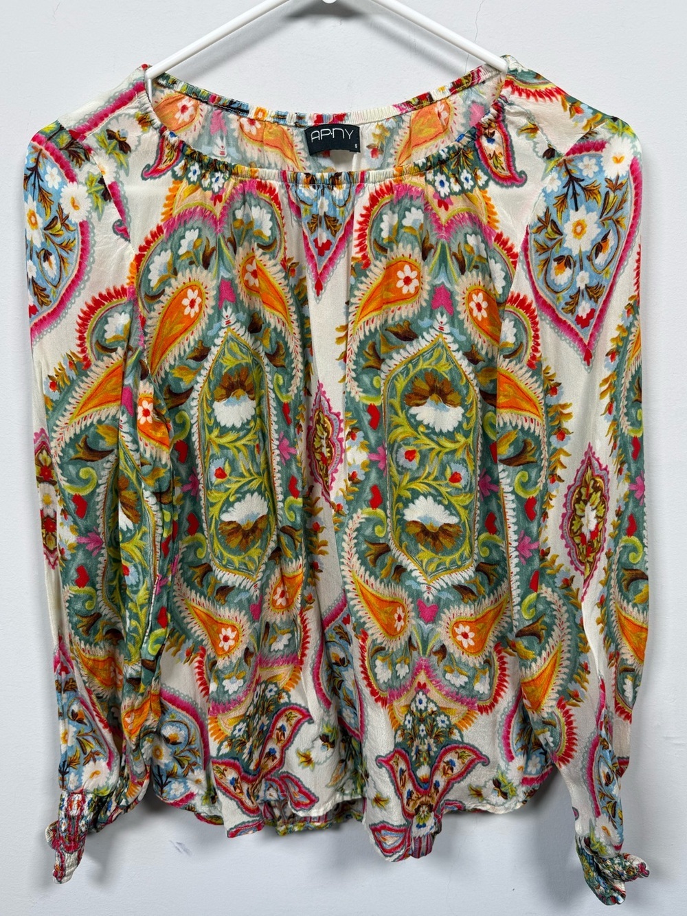 APNY Cream Paisley Long-Sleeve Blouse with Multicolor Print Sz S Great Condition